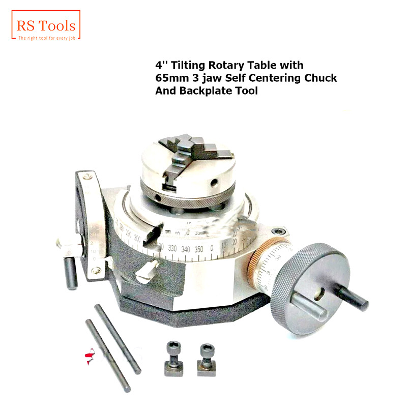 Tilting Rotary Table 4'' with 65mm 3 jaw Self Centering Chuck And Backplate Tool