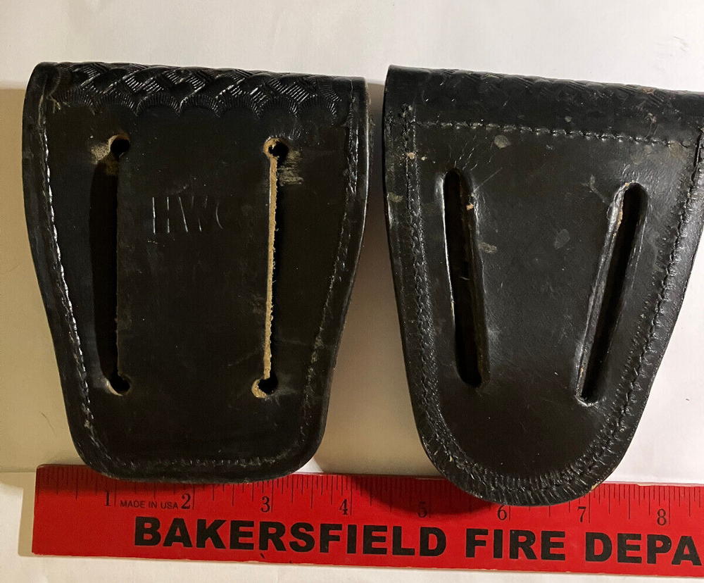 Two Black leather basketweave handcuff cases,VG