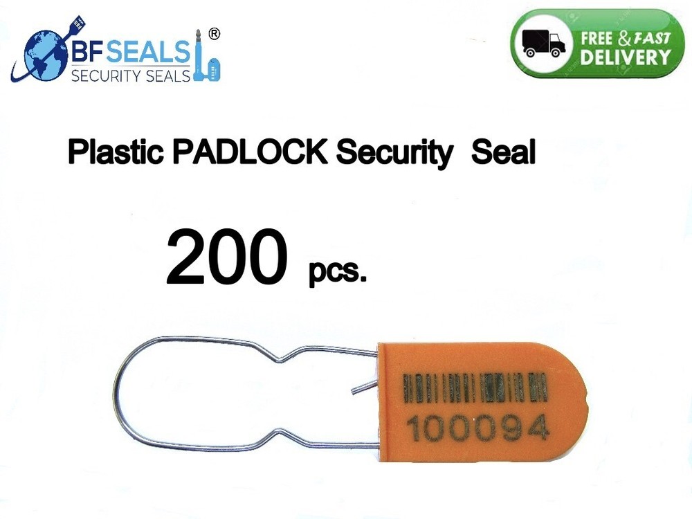 Plastic PADLOCK A Security Seal ECO, 200 Pcs. ORANGE Numbered and Barcode, BFS