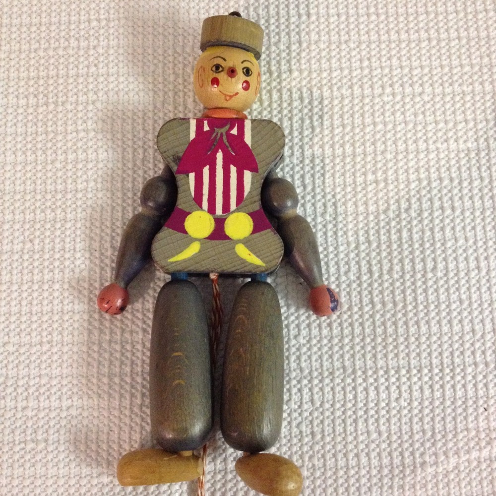 Vintage Austria M G Schnitzer Wooden Pull String Puppet Harlequin Ornament