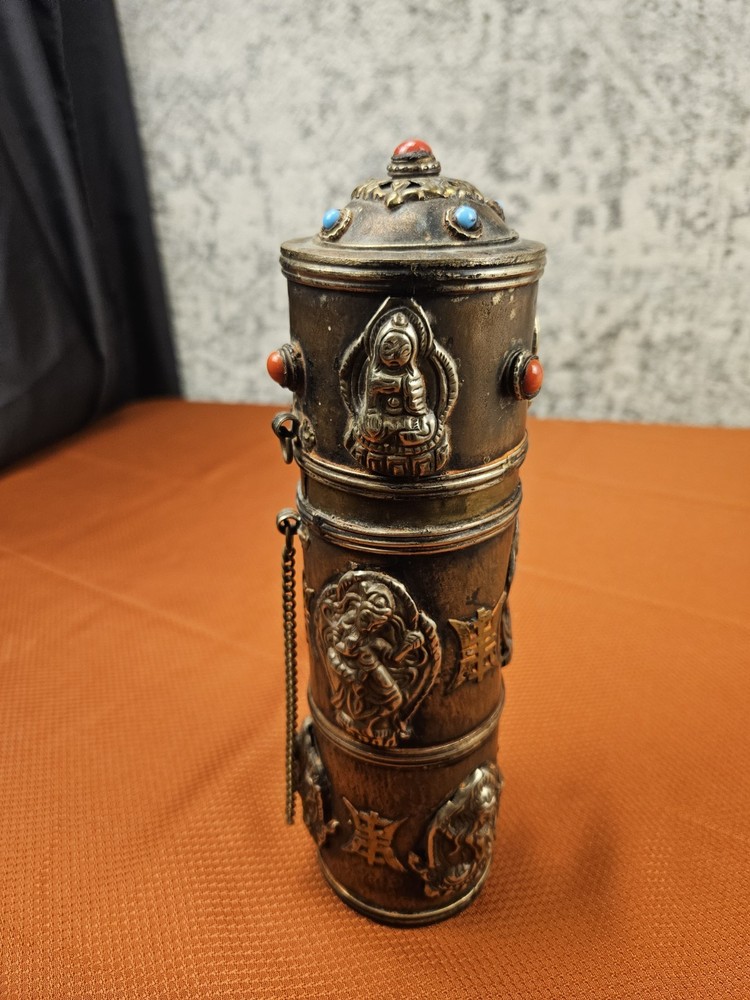 Vtg INDIAN BRONZE MESSENGER SCROLL CARRIER 9.5" Tall
