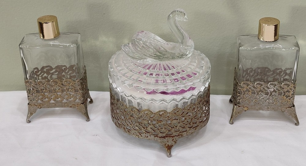 Vintage ORMOLU Gold Filigree 2 Perfume Bottles Atomizer  Powder Dish Vanity Set