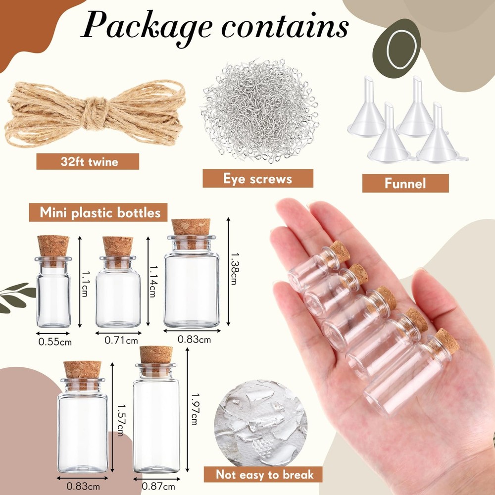 25 Pack Mini Plastic Bottles with Corks Stoppers Eye Screws Funnels Small Pot...