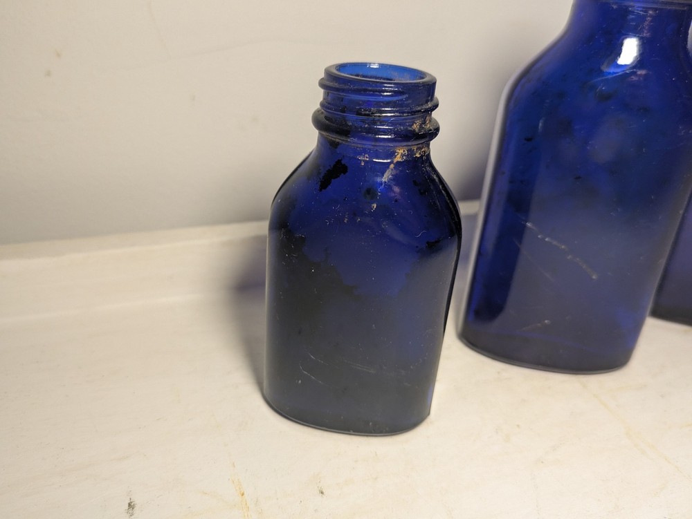 Three Vintage Blue Glass Bottle Small