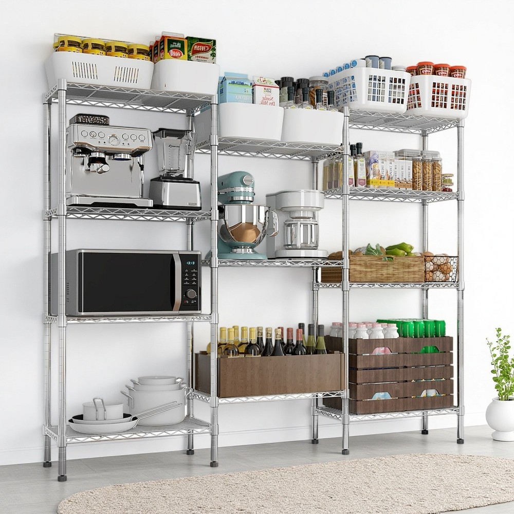 4-Tier Wire Shelving Unit - 3-Column, Heavy Duty, Adjustable, Silver & Modular
