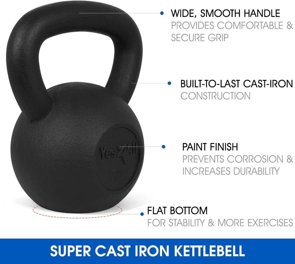Durable 15 Lbs Black Cast Iron Kettlebell - Strength & Cardio Exercise Essential