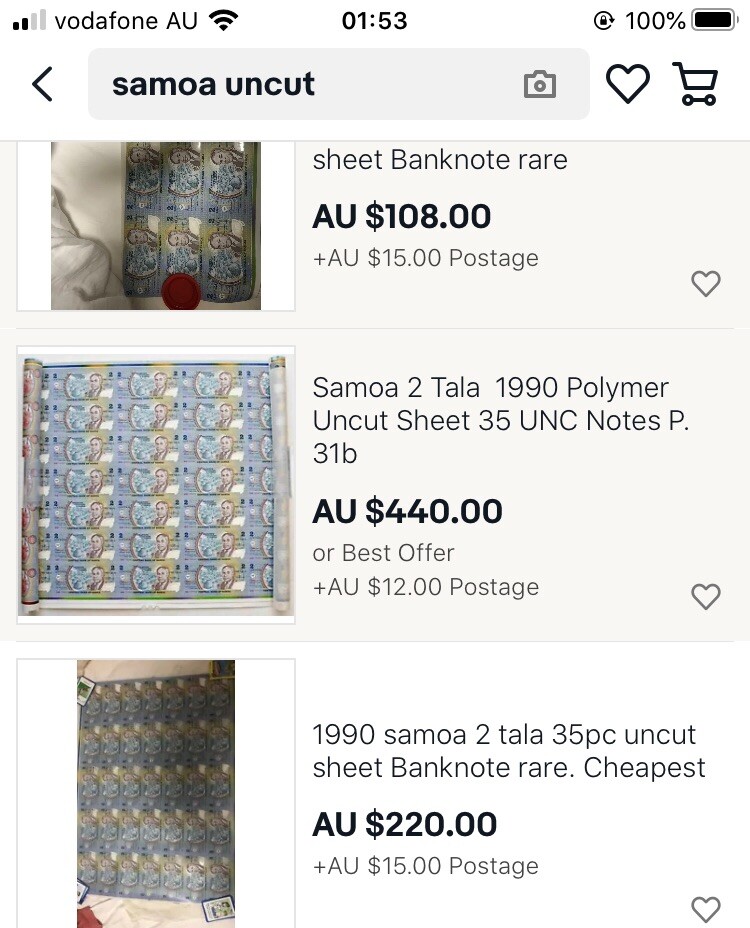 1990 samoa 2 tala 35pc uncut sheet Banknote rare. Cheapest