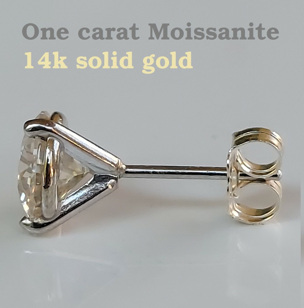 Classic 1ct Single Moissanite Stud Earring 14k solid white gold.