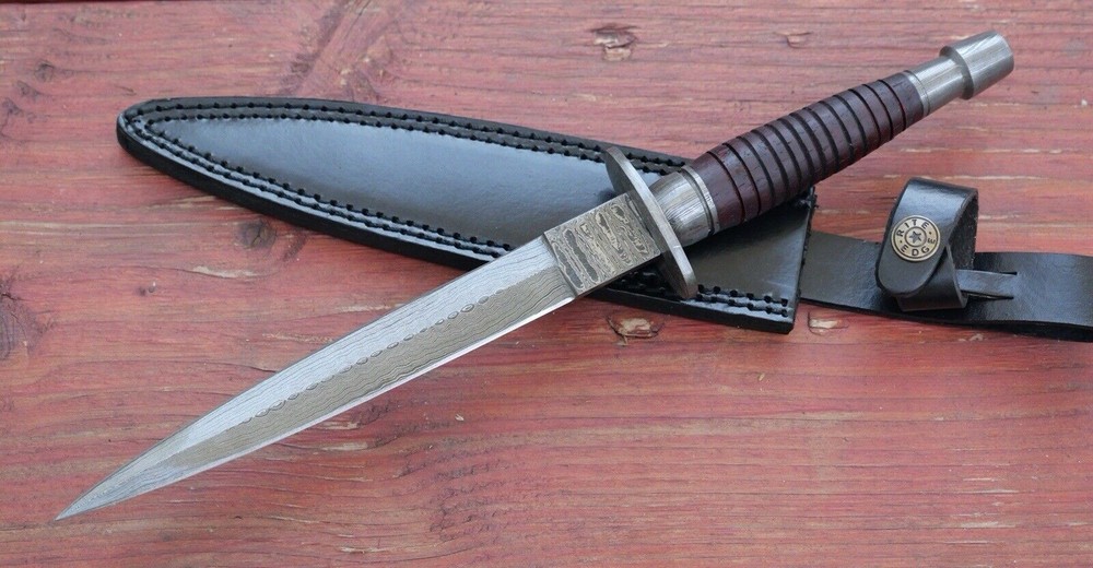 13” FS Commando Dagger Damascus Full Tang Double Edge Spear Point Leather Sheath