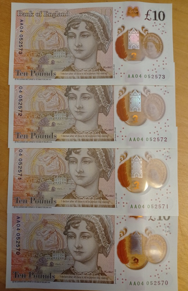 Ten Pound Notes AA04 Consecutive Series Uncirculated Polymer Elizabeth II Austen