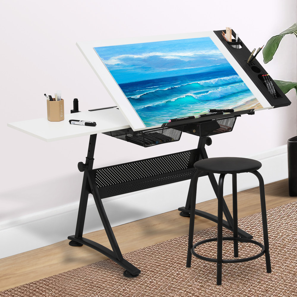 61" Drawing Drafting Table Adjustable Wooden Tabletop Craft Work Station w/Stool