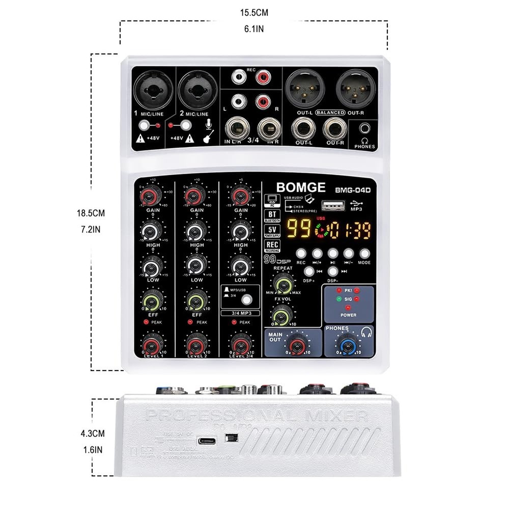 BOMGE 4 Channel dj Bluetooth Audio Mini Mixer with 99DSP Processor, USB Inter...