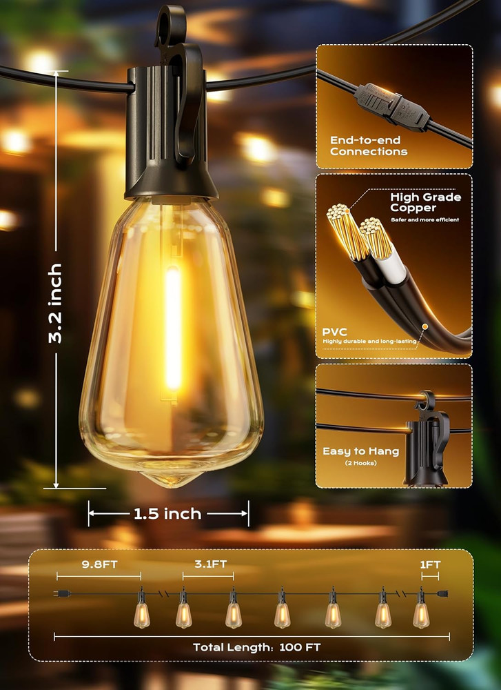 Outdoor-String-Lights-Patio-Lights, 100FT ST38 Shatterproof Dimmable Waterproof
