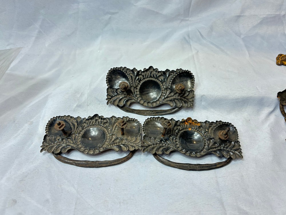 Vtg Cabinet Hardware LOT Brass Mixed Drop Bail Chippendale Backplate Cup Pulls