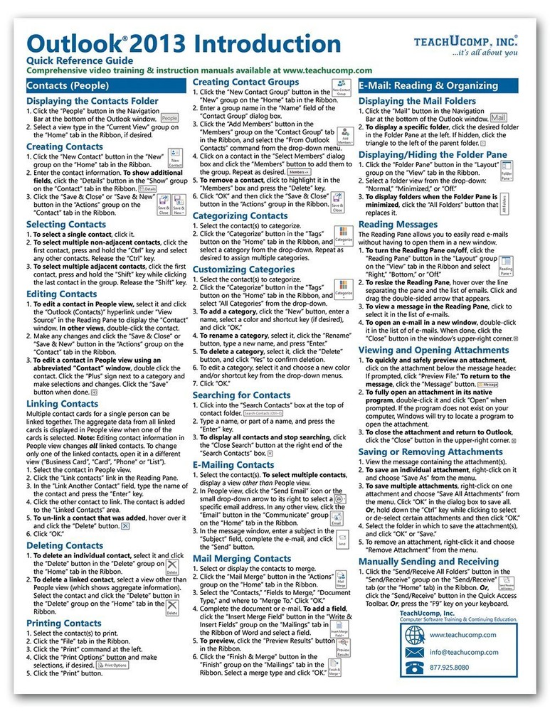Outlook 2013 Training Guide Quick Reference Card 4 Page Cheat Sheet Instructions