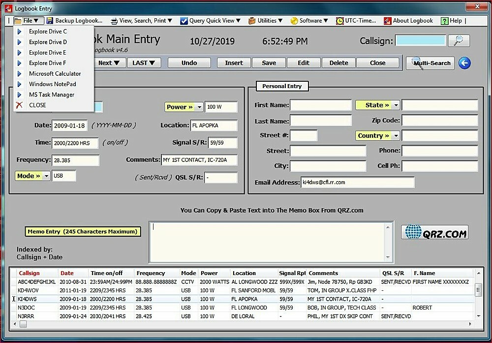 Computer Radio Log Book Database Software v4.7b on USB Flash Drive - KJ4IYE