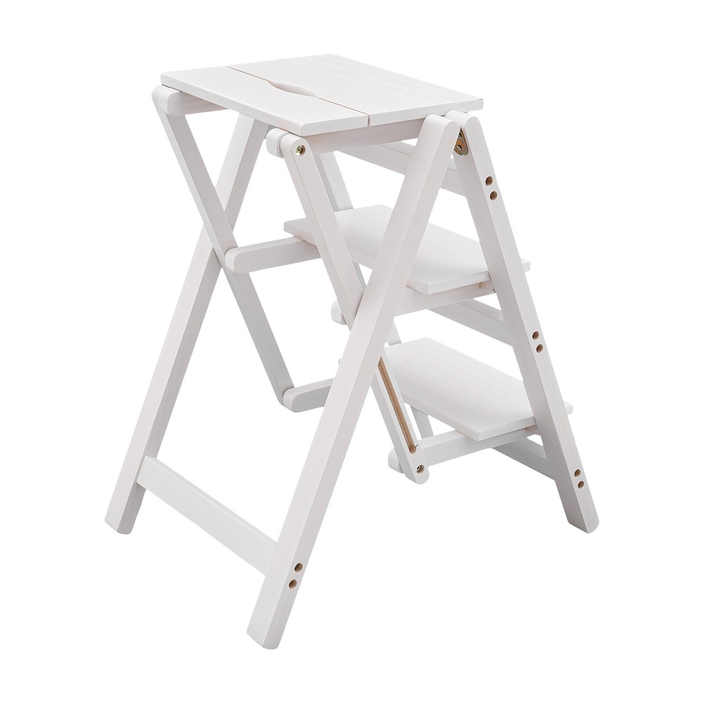 3-layer Folding Step Ladder Folding Wooden Step Stool Not Require Assembly White