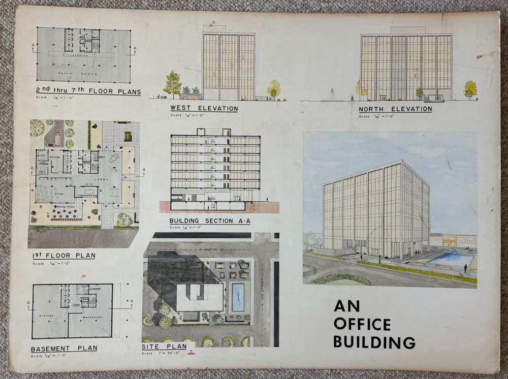 Vintage 1970s Office Building Architectural Rendering Plans Blue Prints