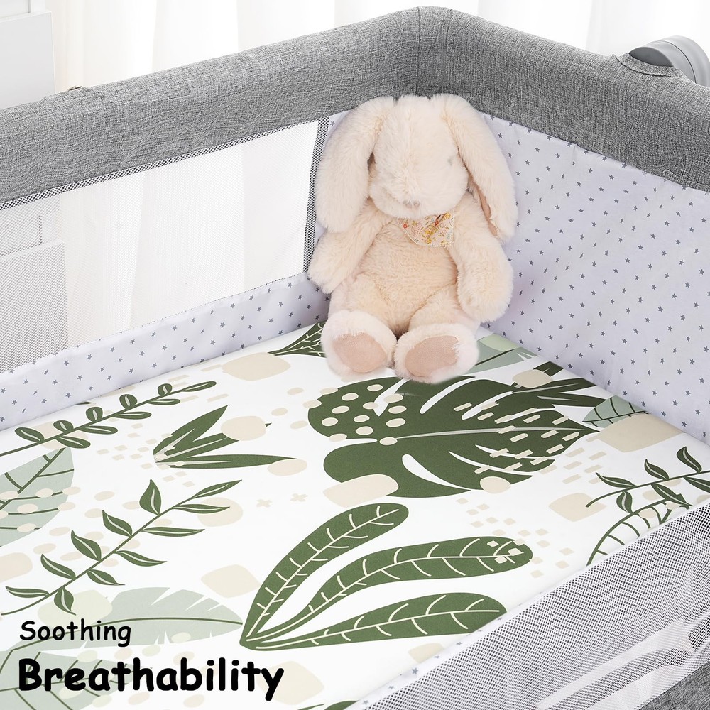 Yoofoss Bassinet Sheets for Baby,3-Pack Fitted Sheets, Green+leaf