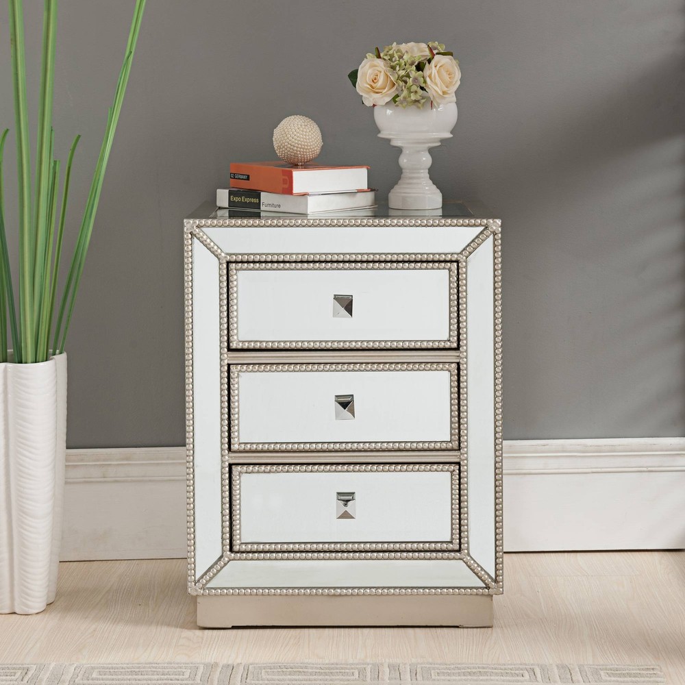 Elsinore Modern Wood Rectangular Accent Table 20" x 15" 3-Drawer Silver Mirrored