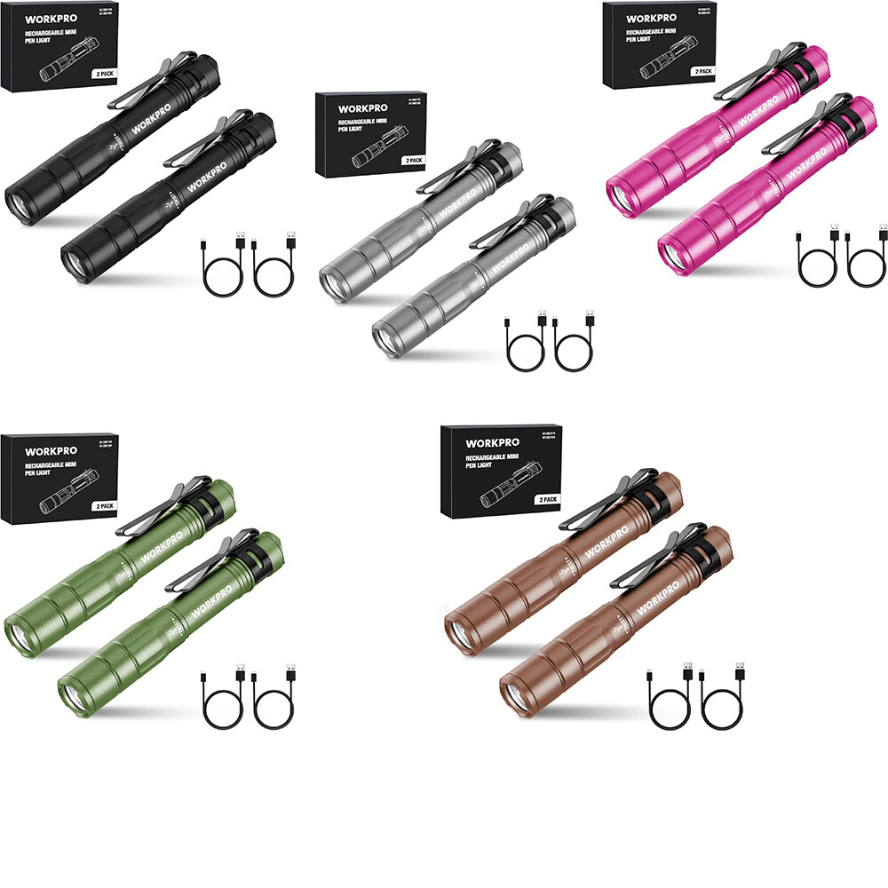 WORKPRO Rechargeable Pen Light Mini Flashlight 2 Pk Ultra-Compact EDC Flashlight