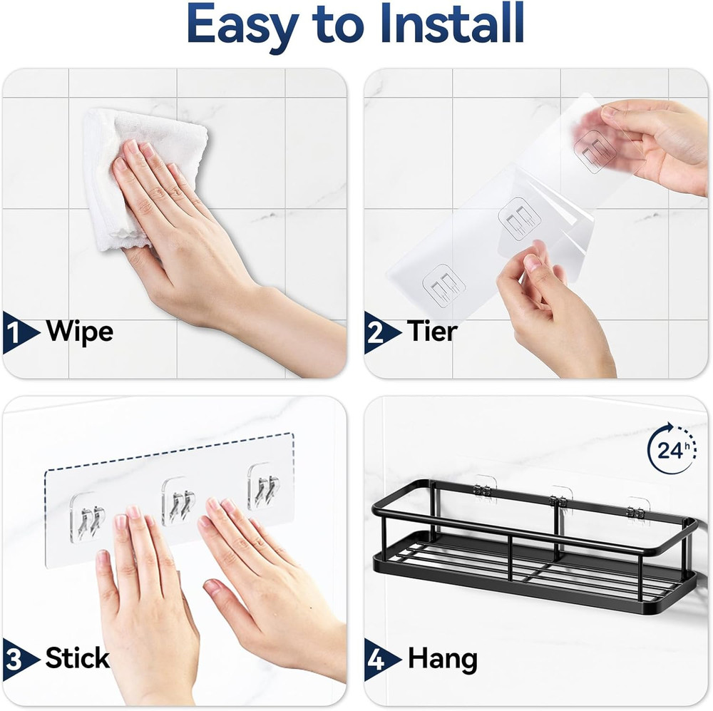 Rustproof Shower Caddy with Adhesive, Large Capacity Storage and Hooks, Black