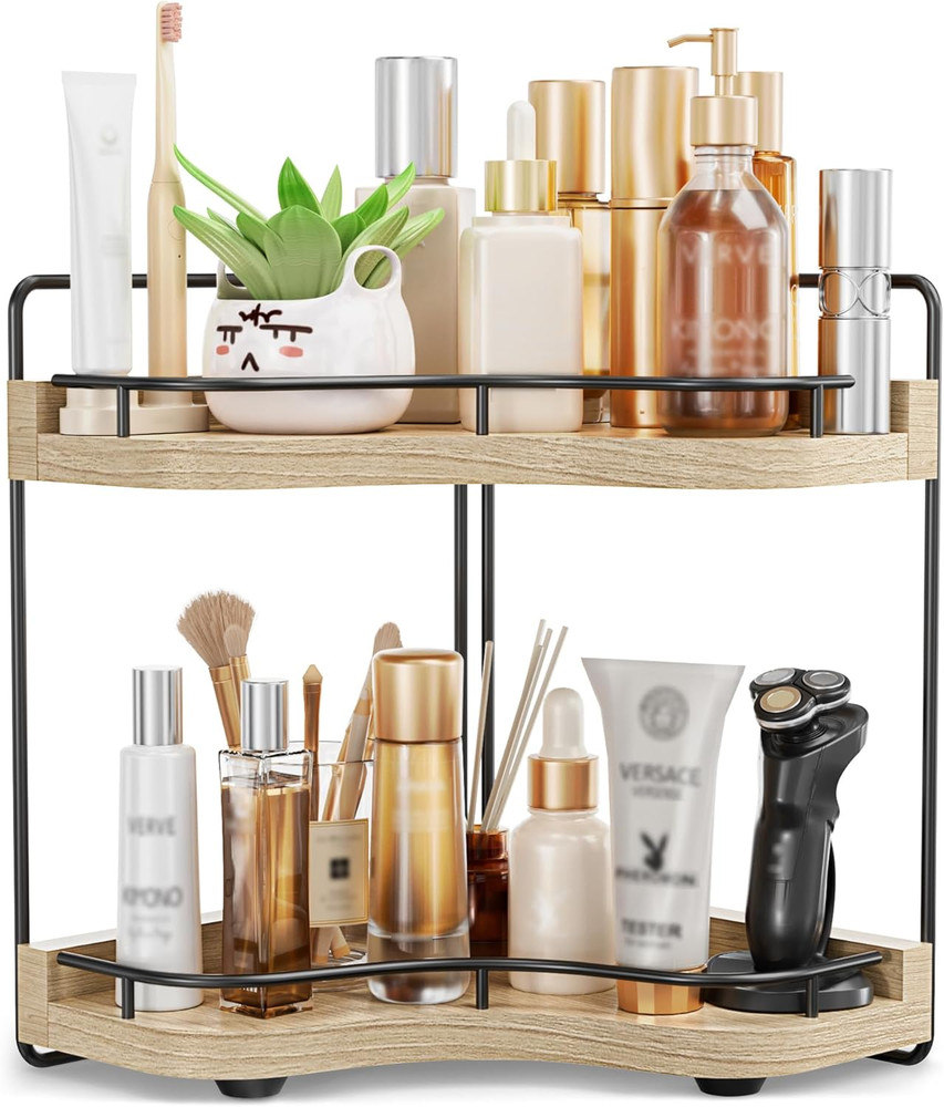 2-Tier Corner Bathroom Counter Organizer with Embedded Screw Holes, Secure & Sta