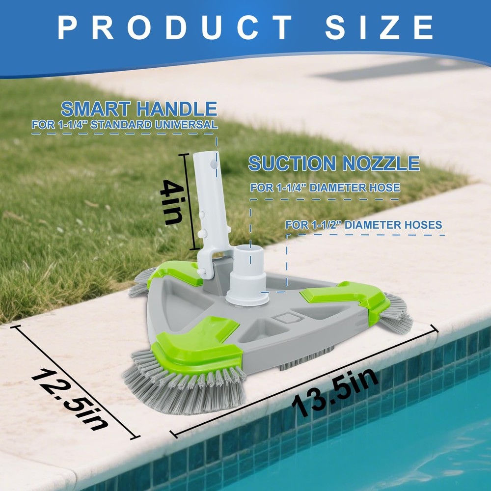 Weighted Triangular Pool Vacuum Head with Side Brushes, 13.5" Pool Cleaner Head