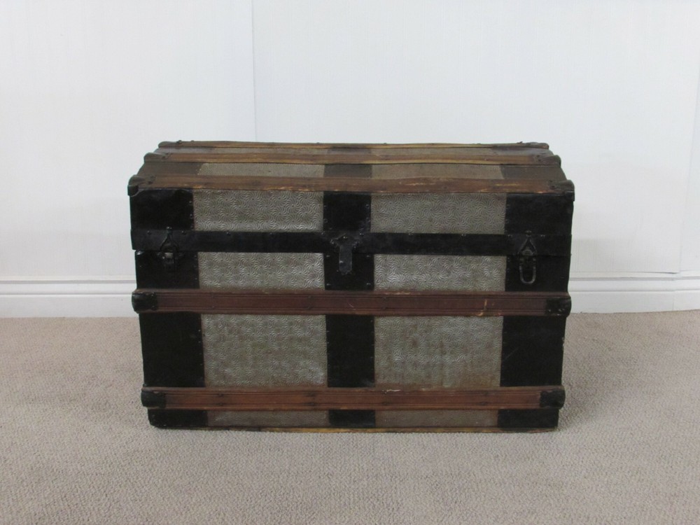 ANTIQUE DOME TOP STEAMER TRUNK, CHEST, EMBOSSED TIN