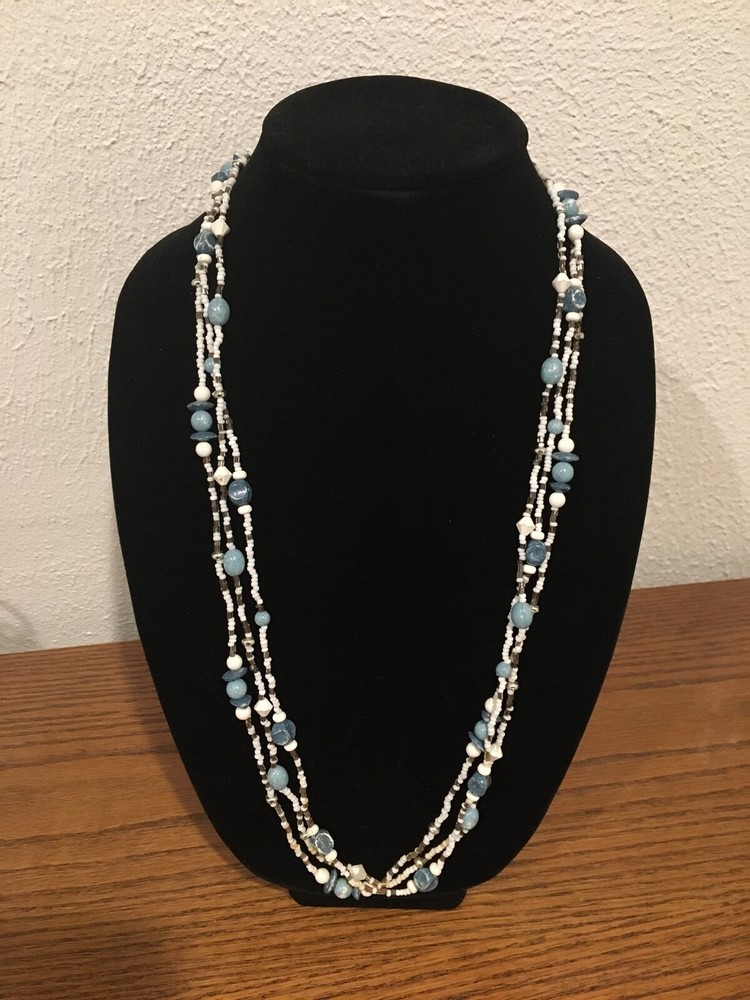 Beautiful  Necklace 3 ~ String Blue,White & Silver Colored Beads 