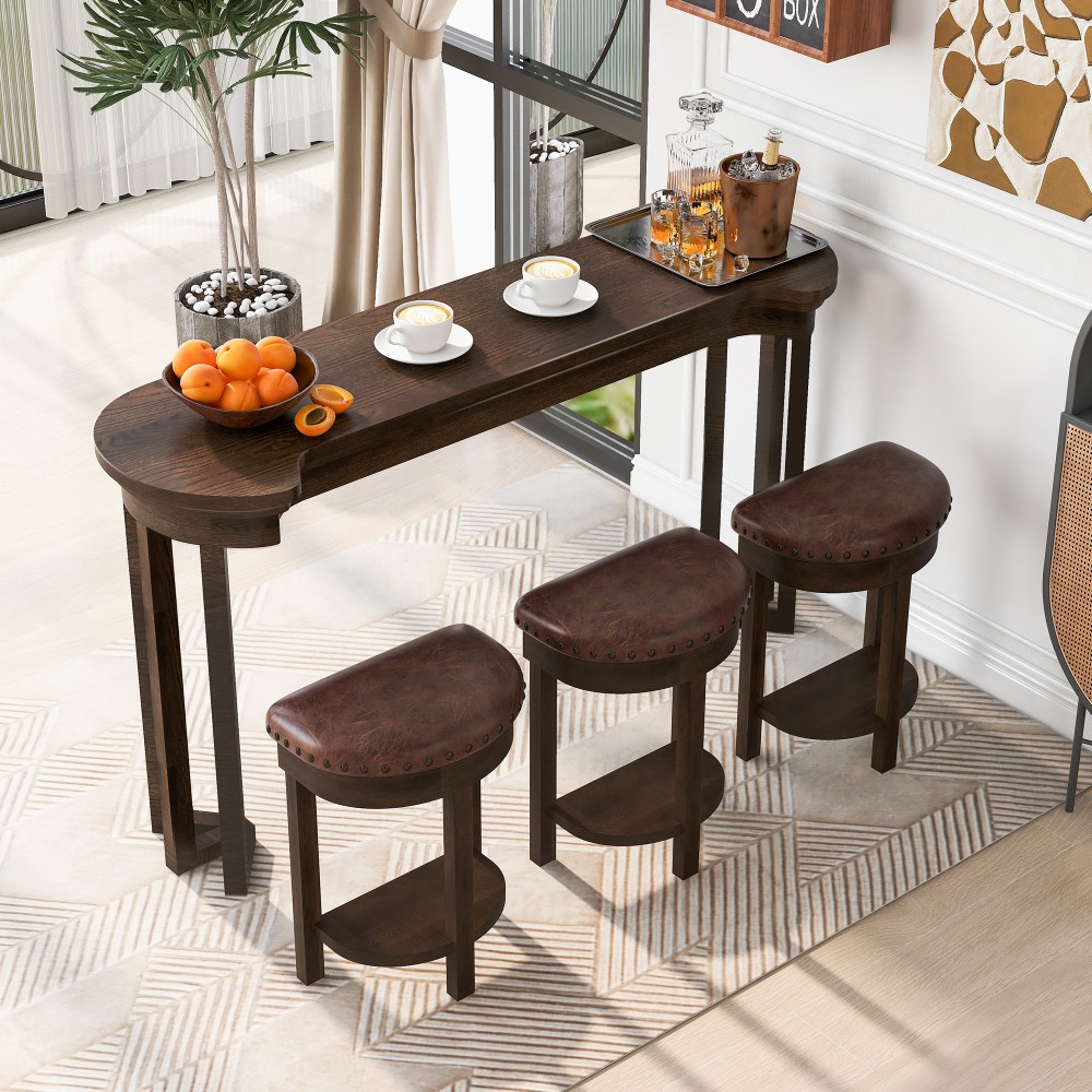 4 Piece Bar Table Set with3 PU Upholstered Bar Stools Breakfast Table