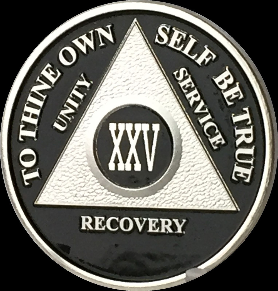Black & Silver Plated 25 Year AA Chip Alcoholics Anonymous Medallion Twenty Five
