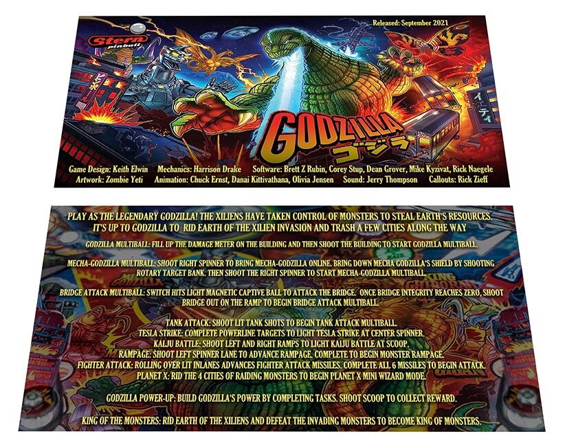 Stern Godzilla PRO Pinball Custom Apron Instruction Cards