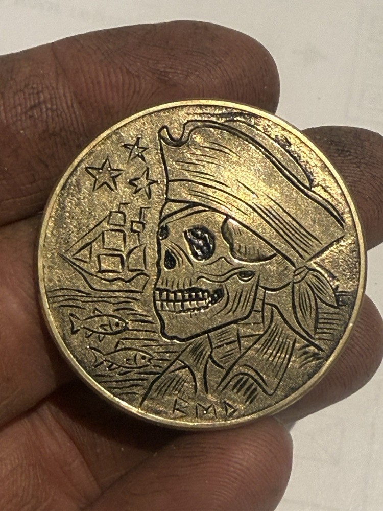 Hand Engraved Pirate Skull Brass Coin