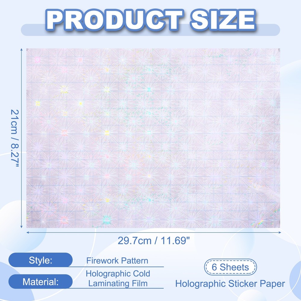 12x8in Holographic Laminate Sheets 6Pcs Sticker Paper Firework Pattern