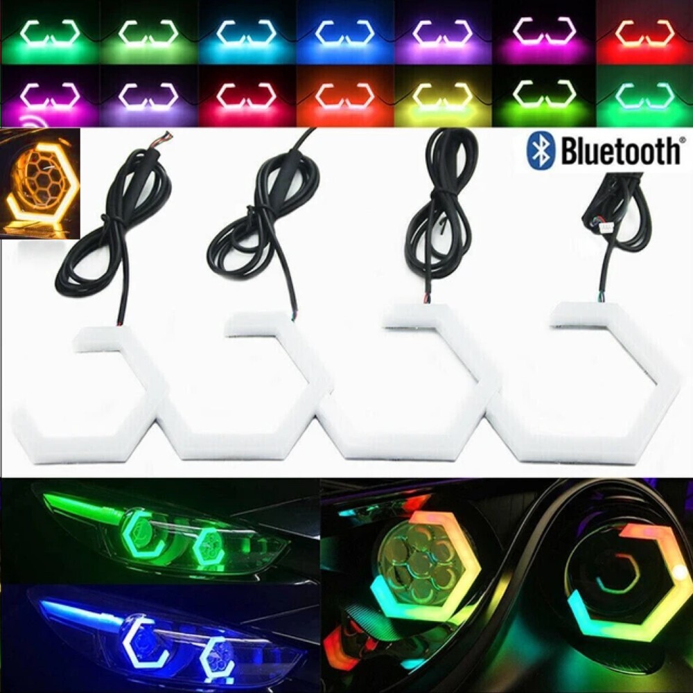RGB Hex Halo Angel Eye Turn Signal Light APP Bluetooth Hexagon Headlight Fog DRL