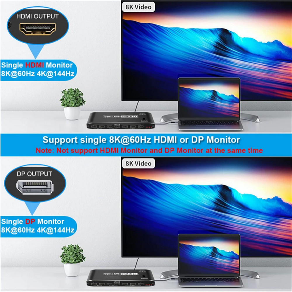 New 100W 8K Type C KVM Switcher Splitter KVM Video Switcher For Computer