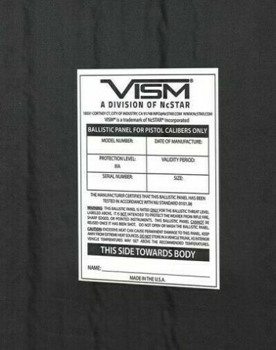 VISM Ballistic Soft Panel 10" x 12" Rectangle Panel IIIA Tactical Survival Duty*