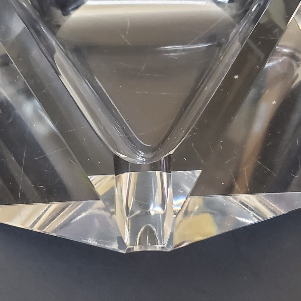 clear glass triangular cigarette ashtray 6" wide 1.5" tall few tiny chips