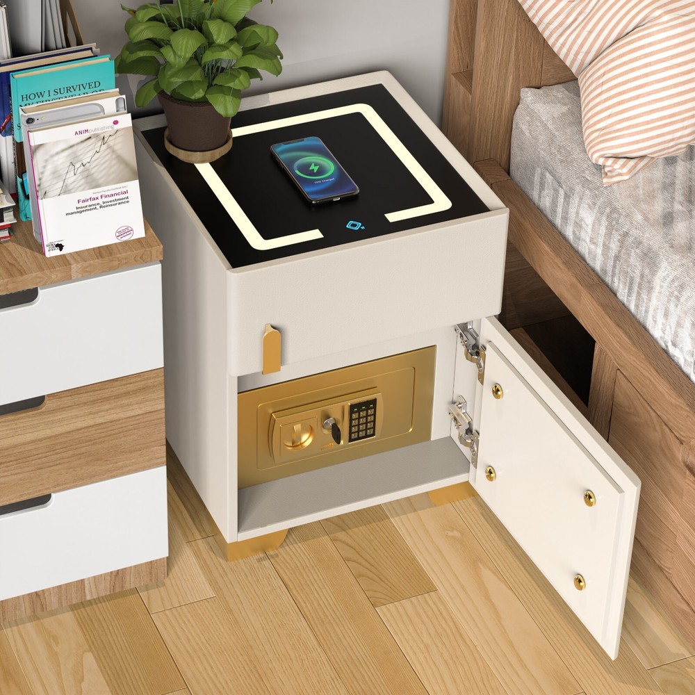 Off-white smart bedside table with safe, wireless charging + three-color light