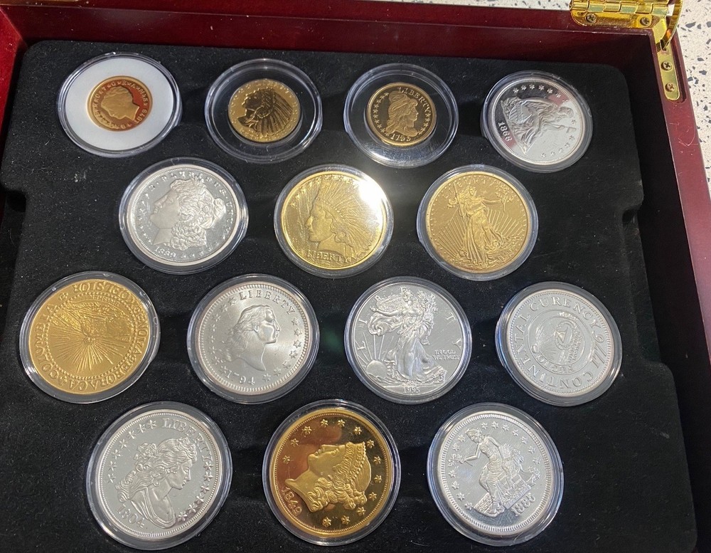 Fantasy Issue Coin Collection Gold Silver Various Designs in Display Case