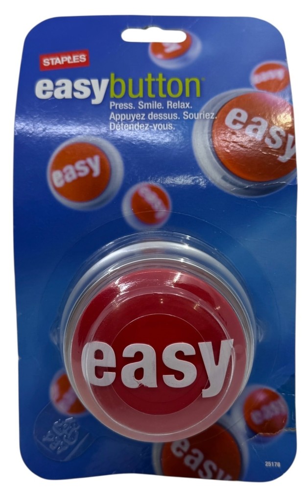 STAPLES EASY TALKING BUTTON RED/SILVER "THAT WAS EASY" NEW IN PACKAGE