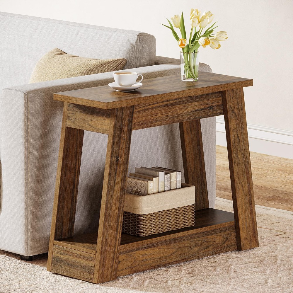 Tribesigns Wood End Table, Small Side Table with 2 Storage Shelves, Rustic Ac...
