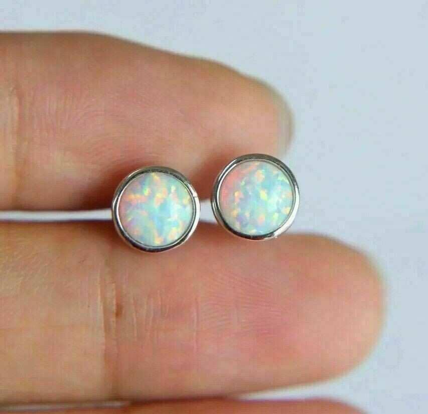 Men's 6x6mm Lab Created Ethiopian Opal Bezel Solitaire Push Back Earring Silver