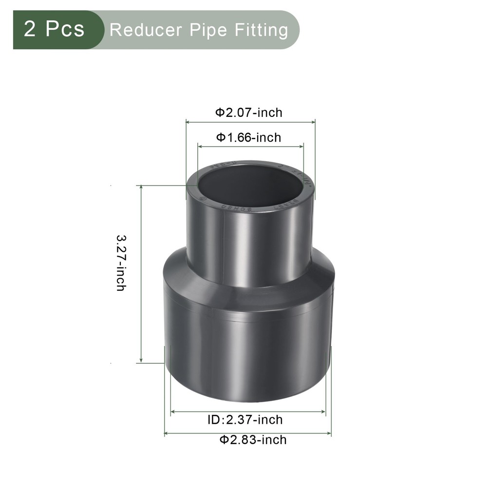 2 Pcs UPVC Reducer Fitting Great for Kitchen, Sink (Gray, 2" x 1-1/4")