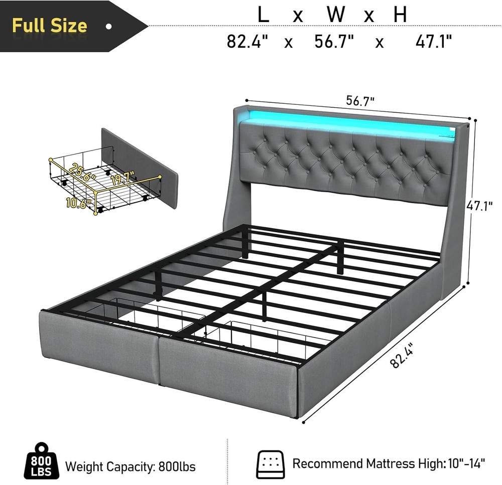 Upholstered King Queen Full Size Bed Frame with Drawers & Charging & Headboard