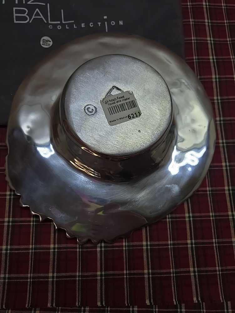 Lrg Silver Plated Wine Bottle Coaster Fall Winter Forest Pine Evergreen Design