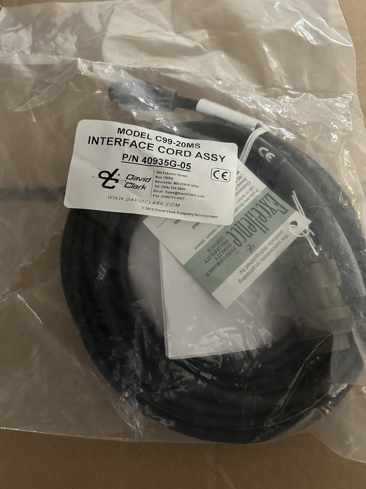 David Clark interface cable wireless 40935G-05 BB C99-20MS