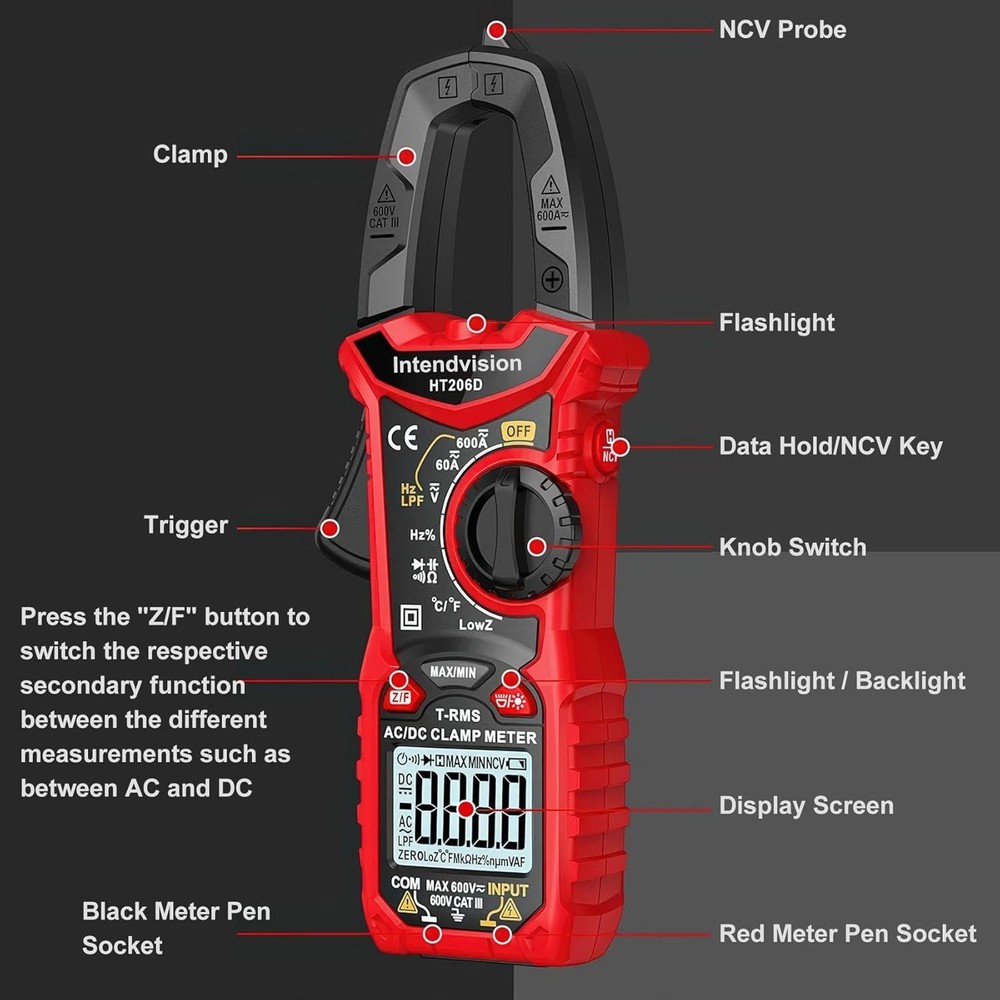 Multimeter for AC/DC Testing with User Manual, Leads, and Temperature Probe