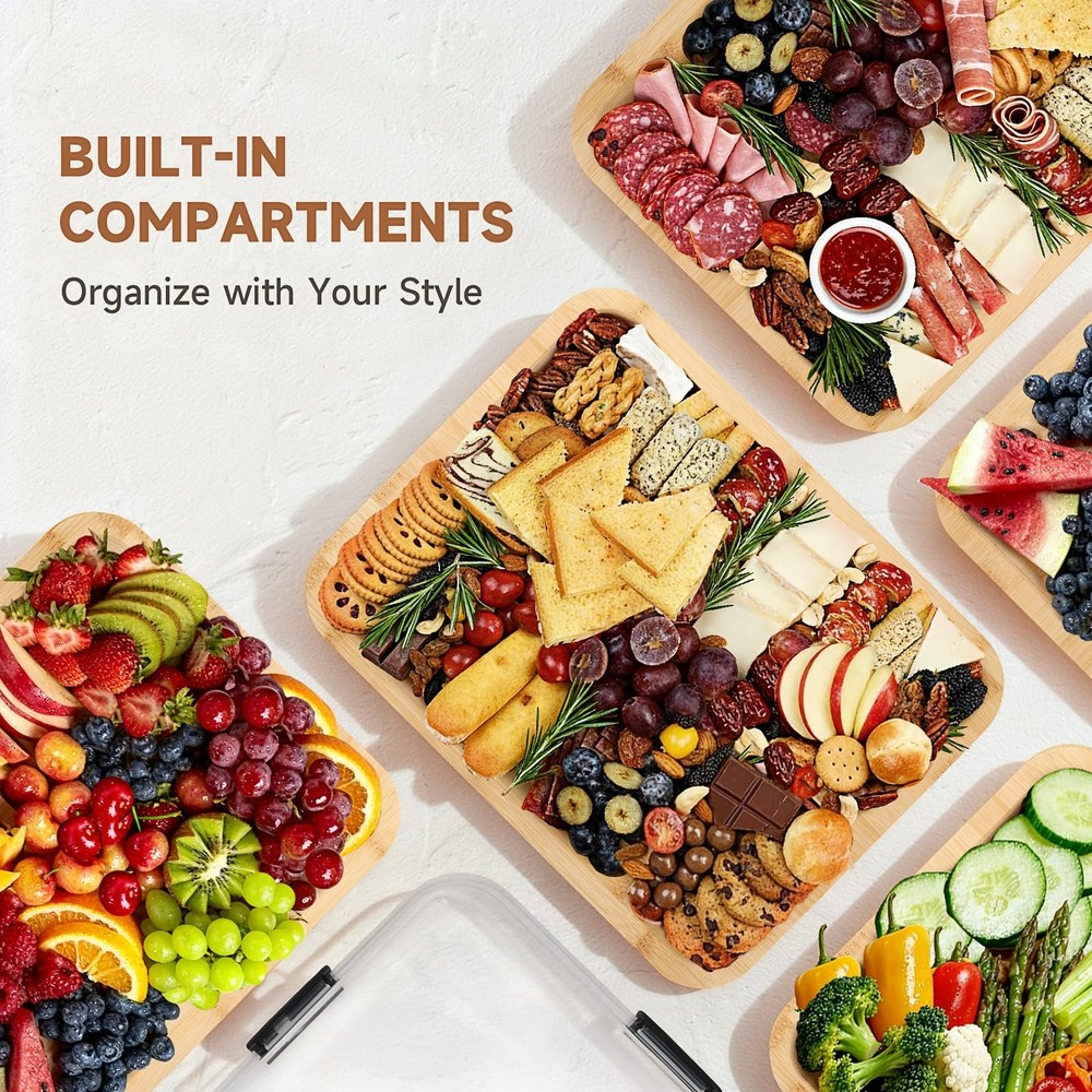 Bamboo Charcuterie Boards with Lid, Travel Portable Cheese Board & Serving Tr...
